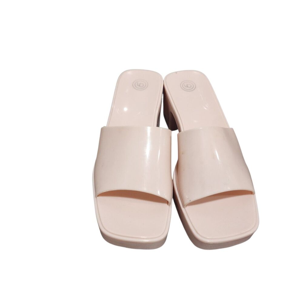 Urbanโ Outfitters Nude Blush Heeled Slides Minimalist Y2K Square Toe Sandals 6